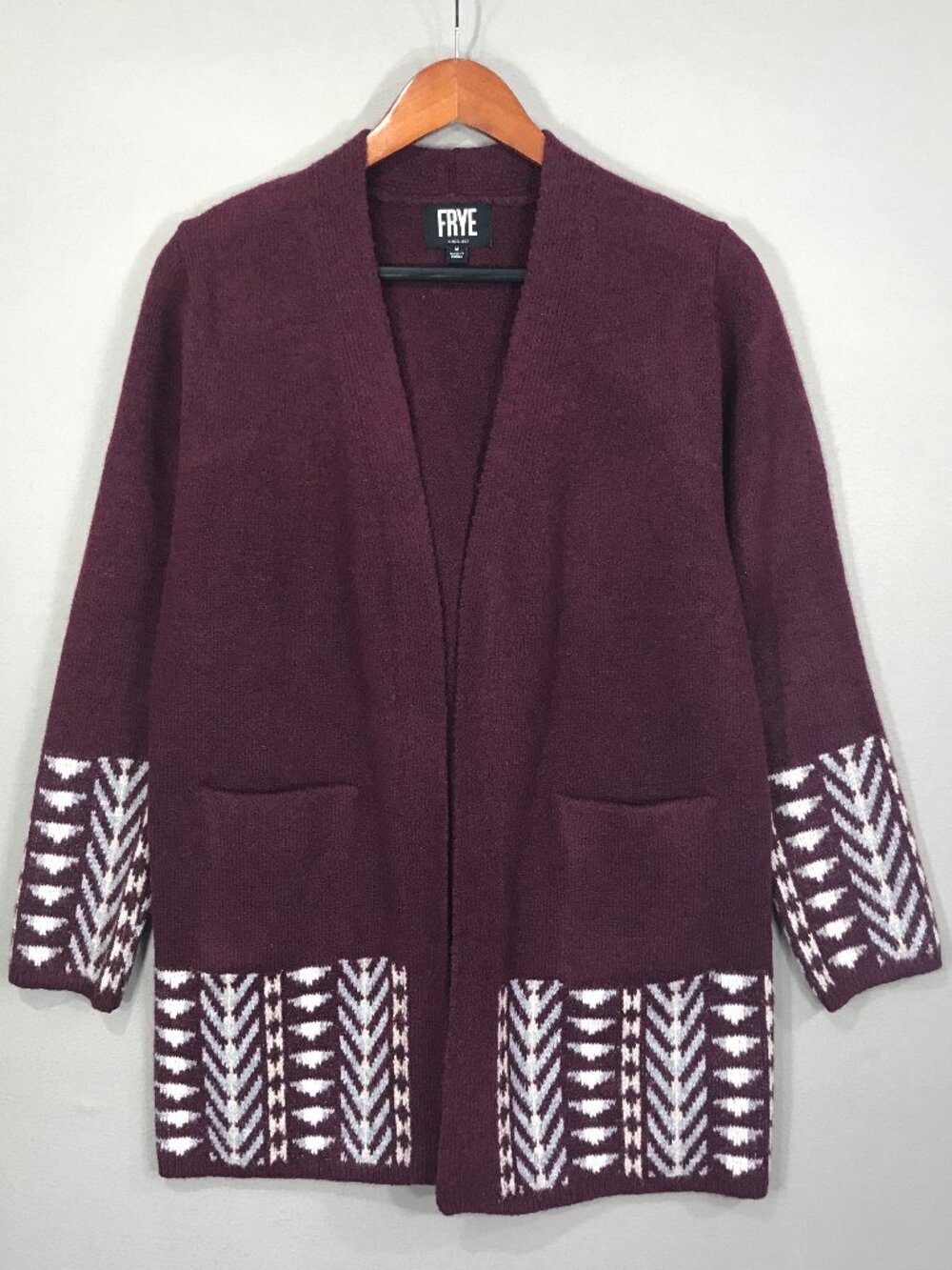 FRYE Sweater Women's Medium Red Geometric Open Front Cozy Cardigan LS Pockets